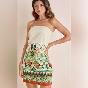 VENUS Strapless Dress with Cream and Green Pattern